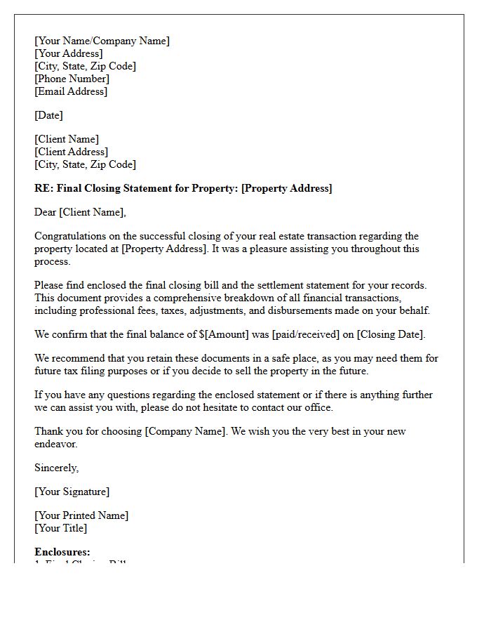 Real Estate Transaction Final Closing Bill Cover Letter