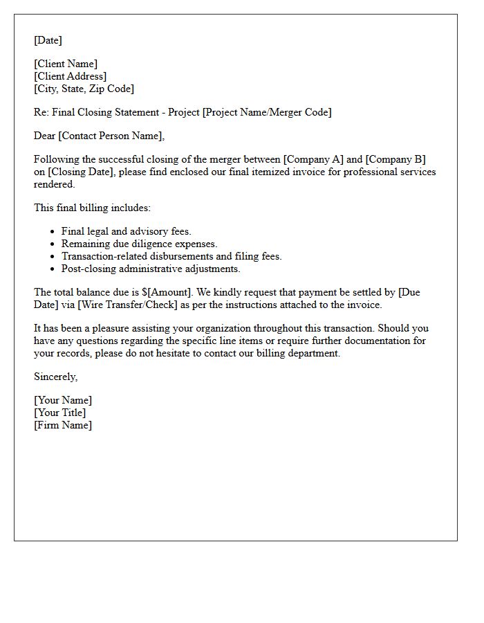 Corporate Merger Final Closing Bill Cover Letter
