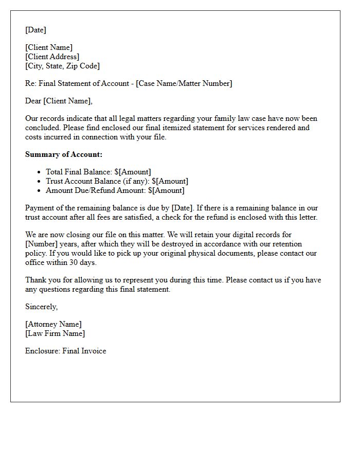 Family Law Matter Final Closing Bill Cover Letter