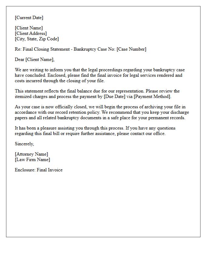 Bankruptcy Proceeding Final Closing Bill Cover Letter