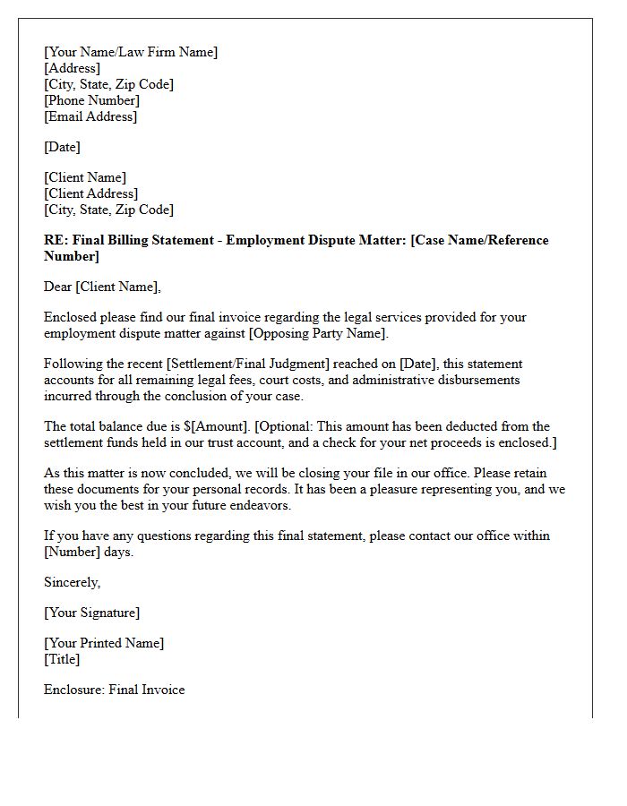 Employment Dispute Final Closing Bill Cover Letter