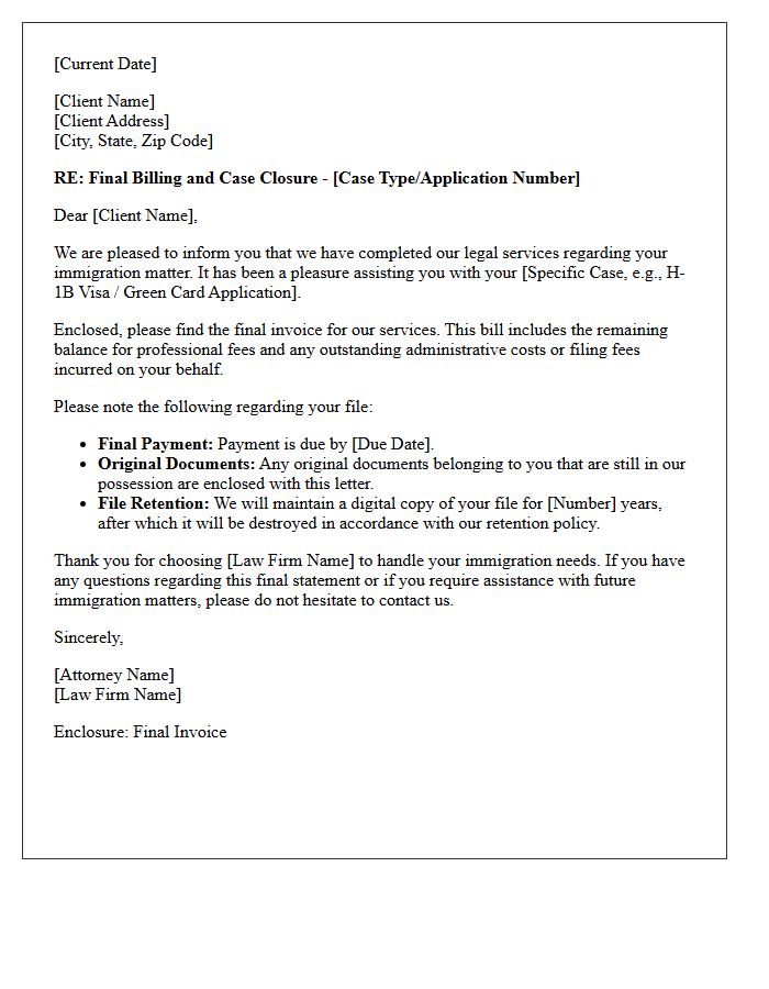 Immigration Services Final Closing Bill Cover Letter
