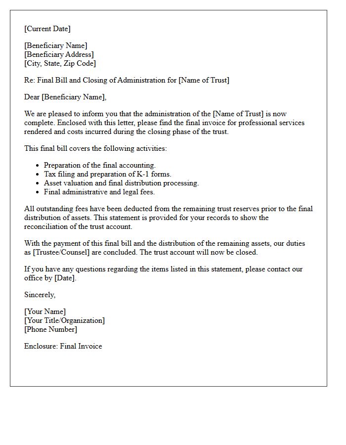 Trust Administration Final Closing Bill Cover Letter