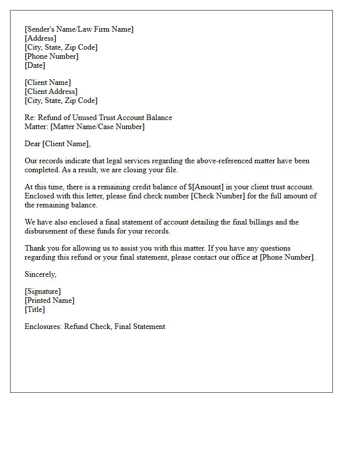 Client Trust Account Balance Refund Letter
