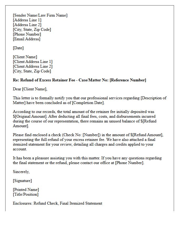 Excess Retainer Fee Refund Notice Letter