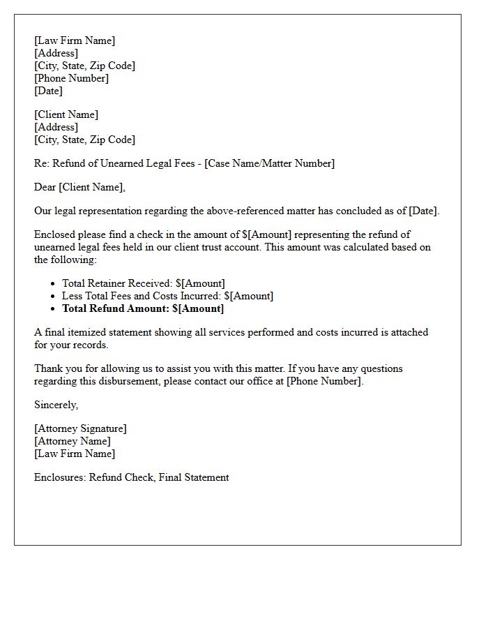 Unearned Legal Fees Disbursement Letter