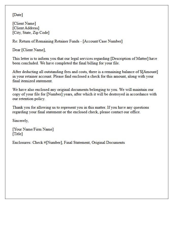 Remaining Retainer Funds Return Letter