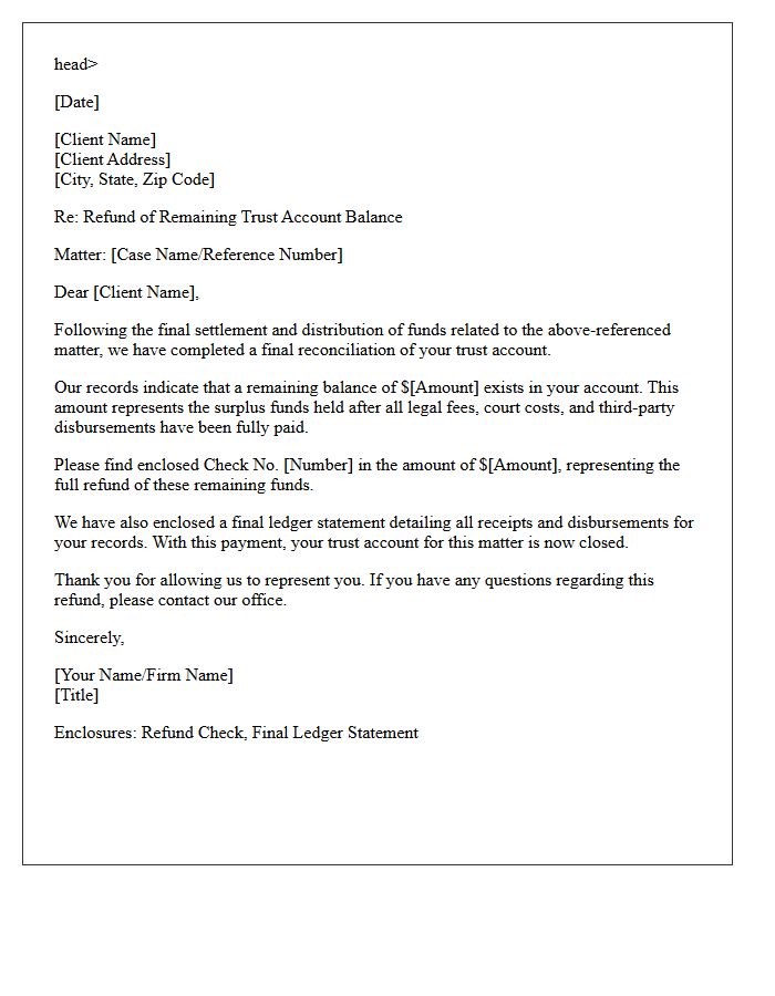 Post-Settlement Trust Account Refund Letter
