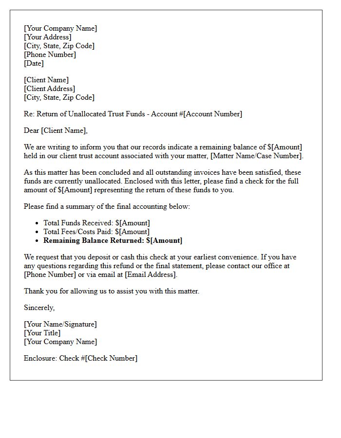 Unallocated Client Trust Funds Return Letter
