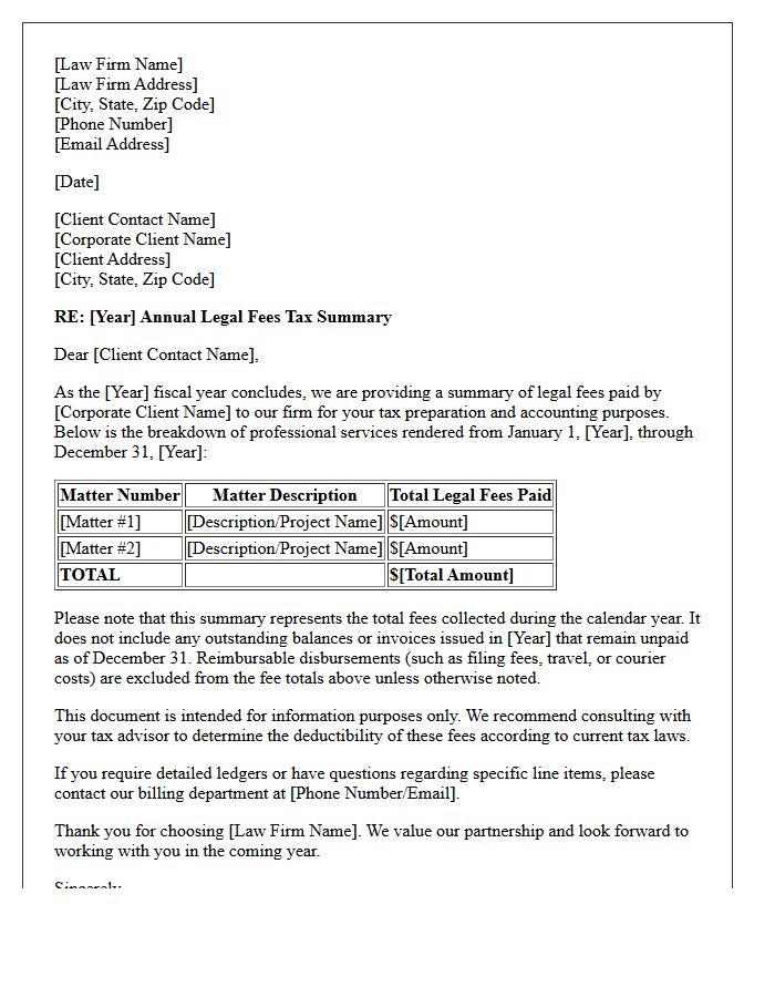 Corporate Client Year-End Legal Fees Tax Summary Letter