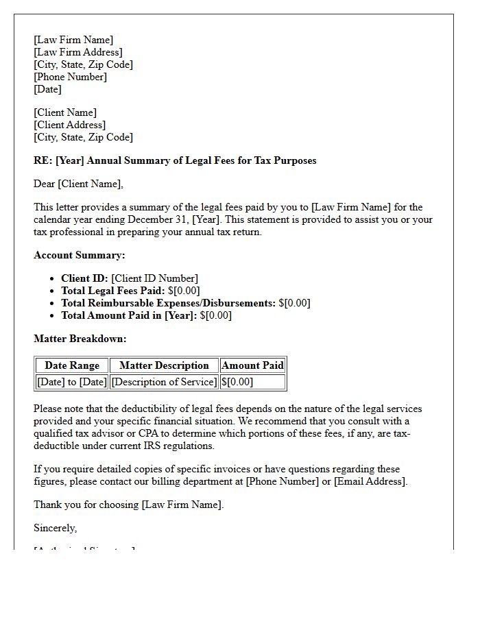 Individual Client Year-End Legal Fees Tax Summary Letter