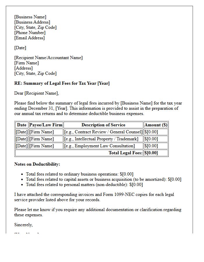 Small Business Year-End Legal Fees Tax Summary Letter