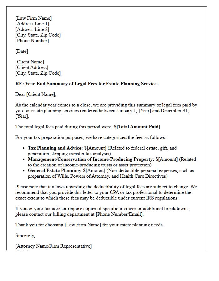 Estate Planning Year-End Legal Fees Tax Summary Letter