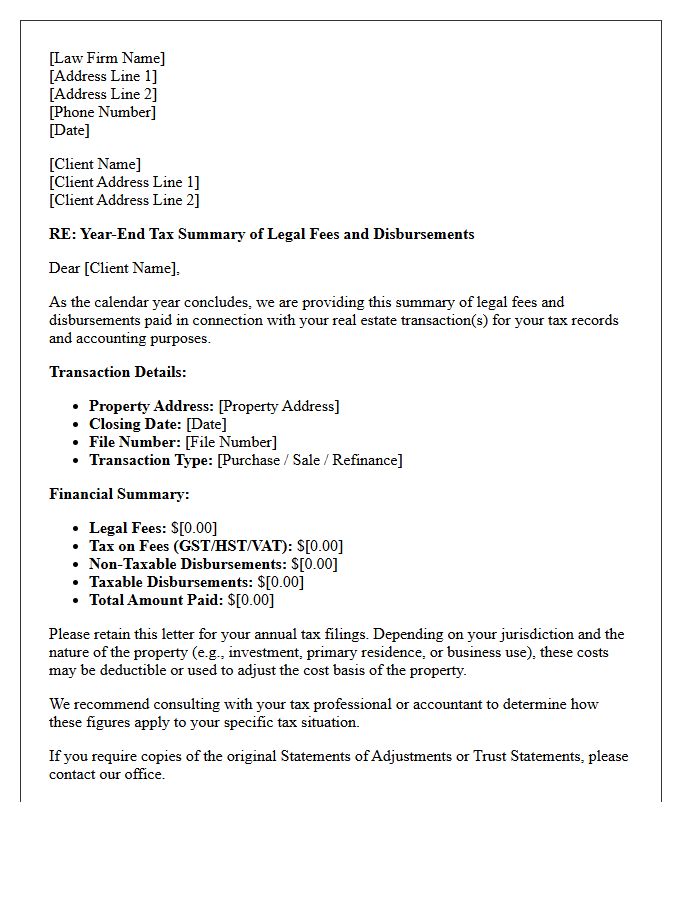 Real Estate Transaction Year-End Legal Fees Tax Summary Letter