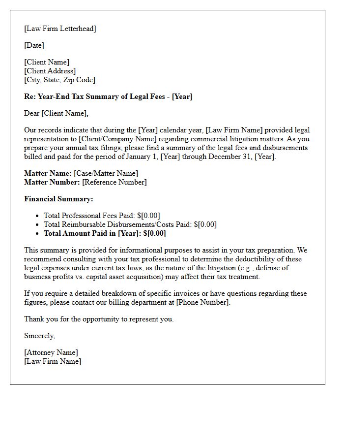 Commercial Litigation Year-End Legal Fees Tax Summary Letter
