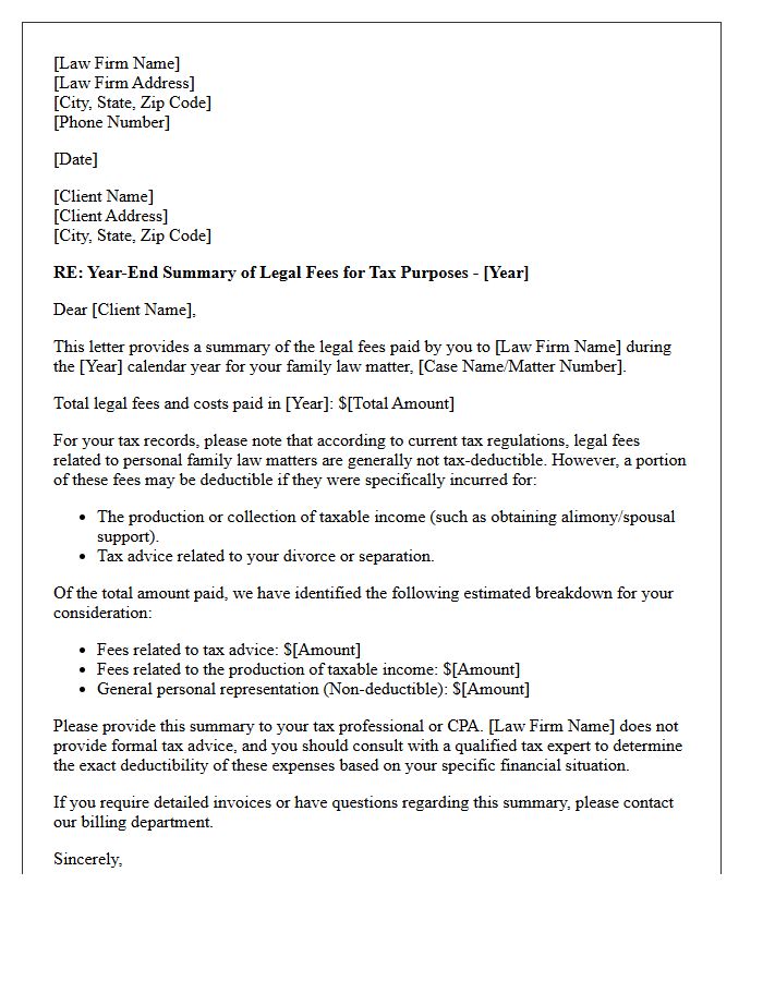 Family Law Year-End Legal Fees Tax Summary Letter