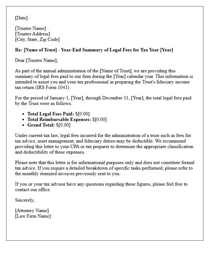 Trust Administration Year-End Legal Fees Tax Summary Letter