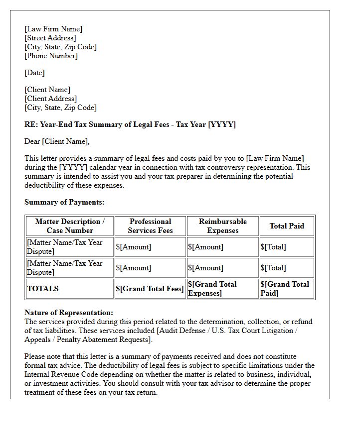 Tax Controversy Year-End Legal Fees Tax Summary Letter