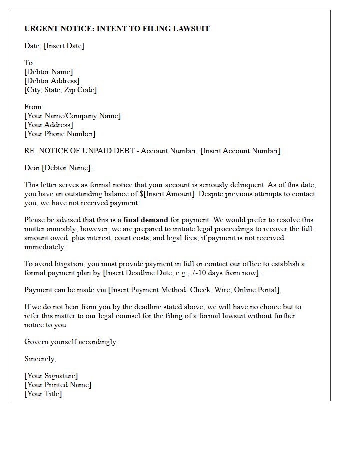 Pre-Litigation Debt Collection Letter