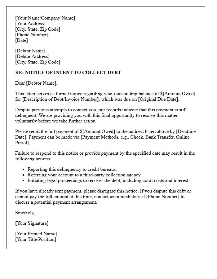 Notice of Intent to Collect Debt Letter