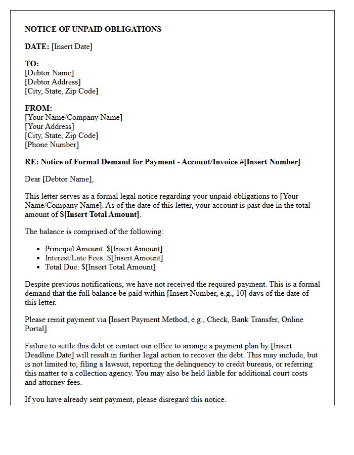 Legal Notice of Unpaid Obligations Letter
