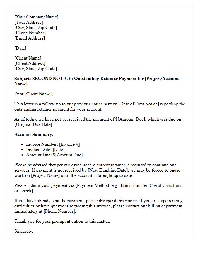 Outstanding Retainer Payment Second Notice Letter