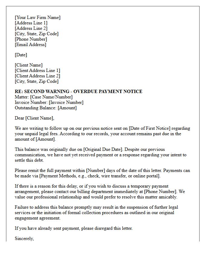 Second Warning Letter for Overdue Attorney Fees