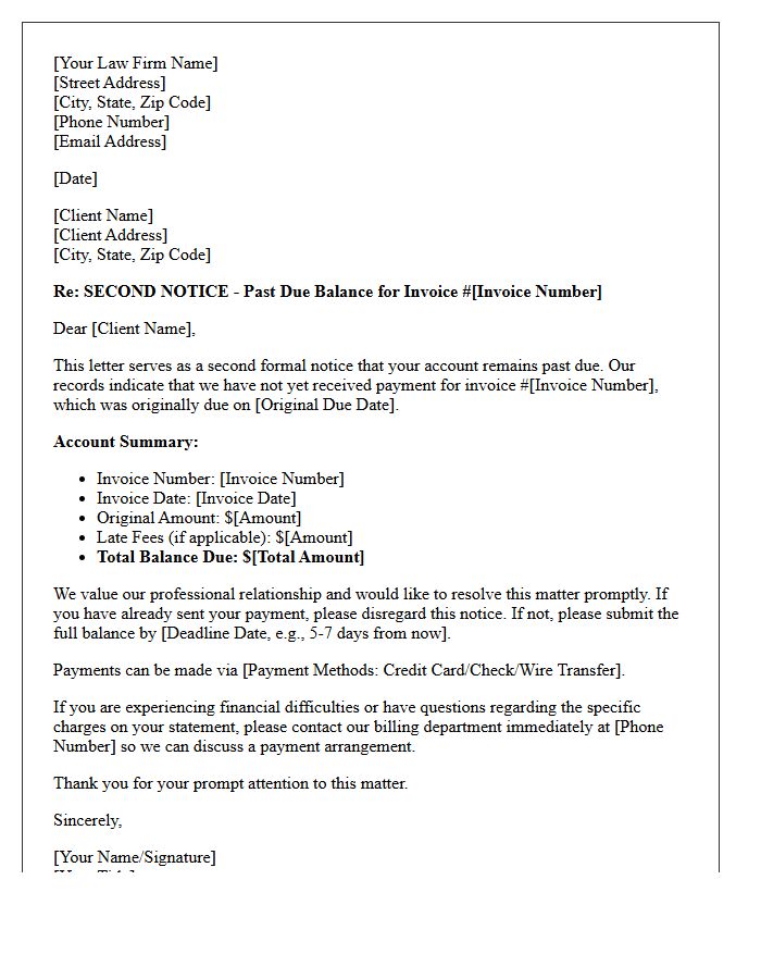 Past Due Legal Invoice Second Notice Letter