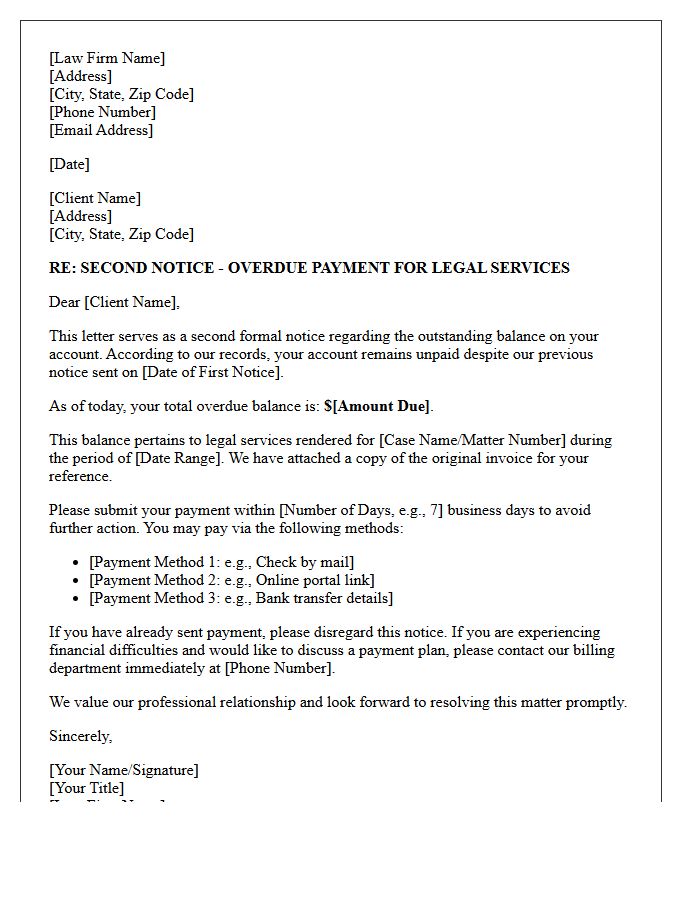 Overdue Bill for Legal Services Second Notice Letter
