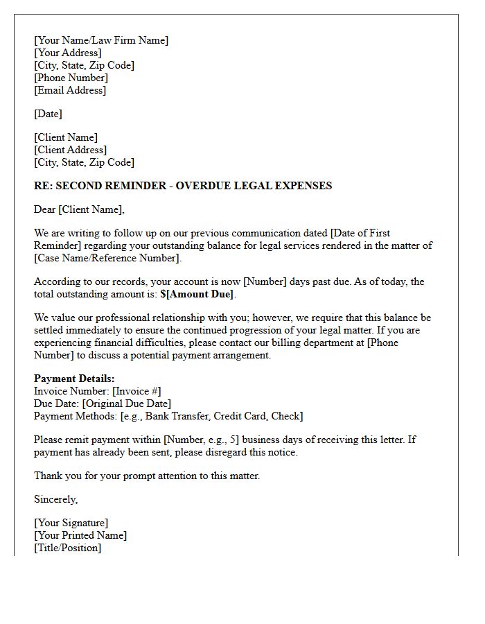 Second Reminder Letter for Overdue Legal Expenses