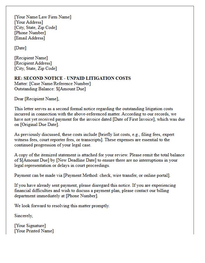 Unpaid Litigation Costs Second Notice Letter