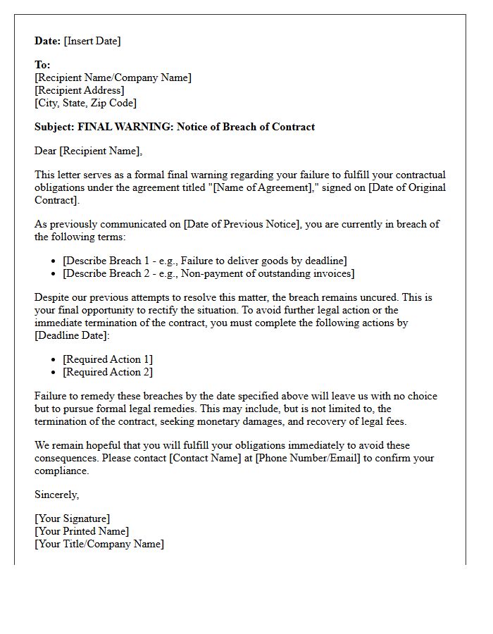 Breach Of Contract Final Warning Letter