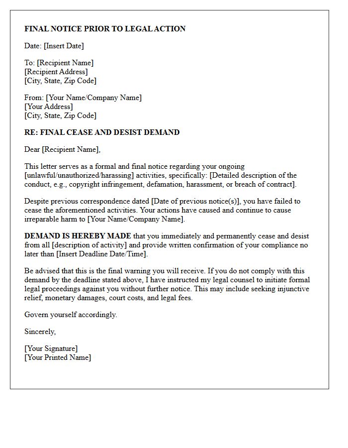 Cease And Desist Final Notice Letter