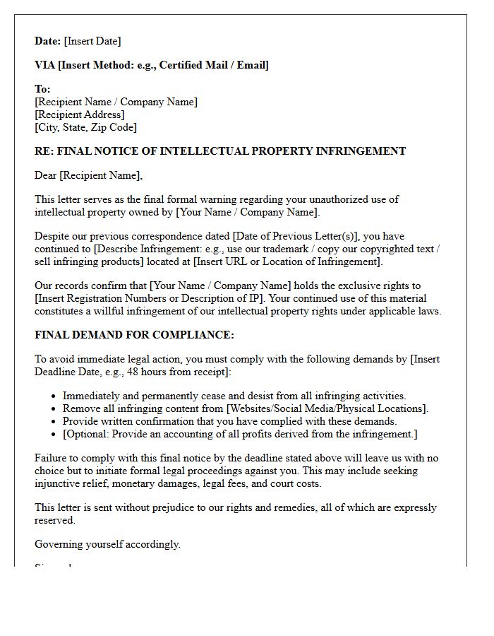 Intellectual Property Infringement Final Warning Letter