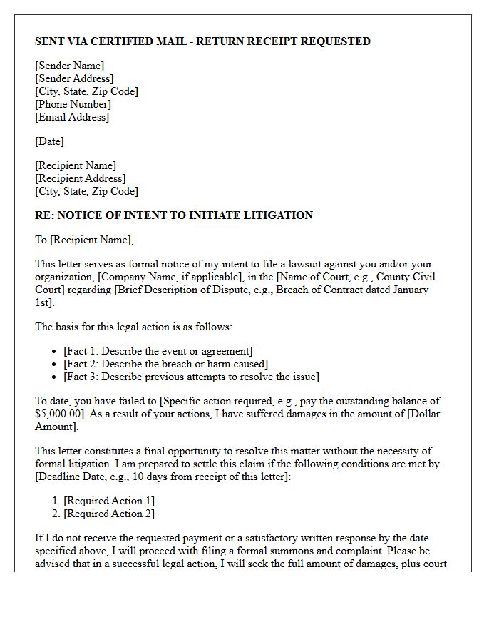Notice Of Intent To Initiate Litigation Letter