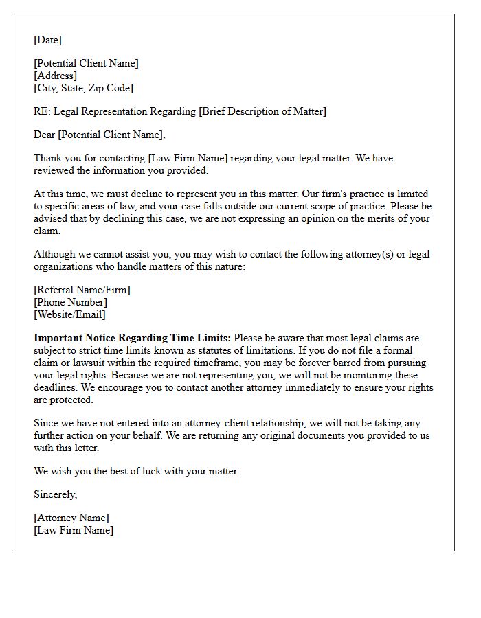 Out of Practice Area Non-Engagement Letter with Attorney Referral