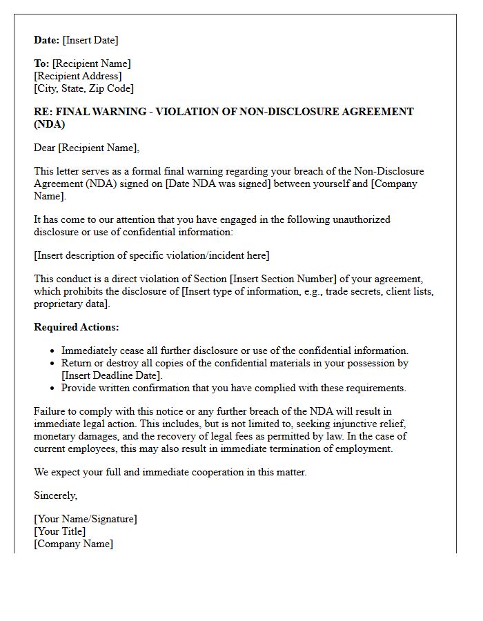 Non-Disclosure Agreement Violation Final Warning Letter