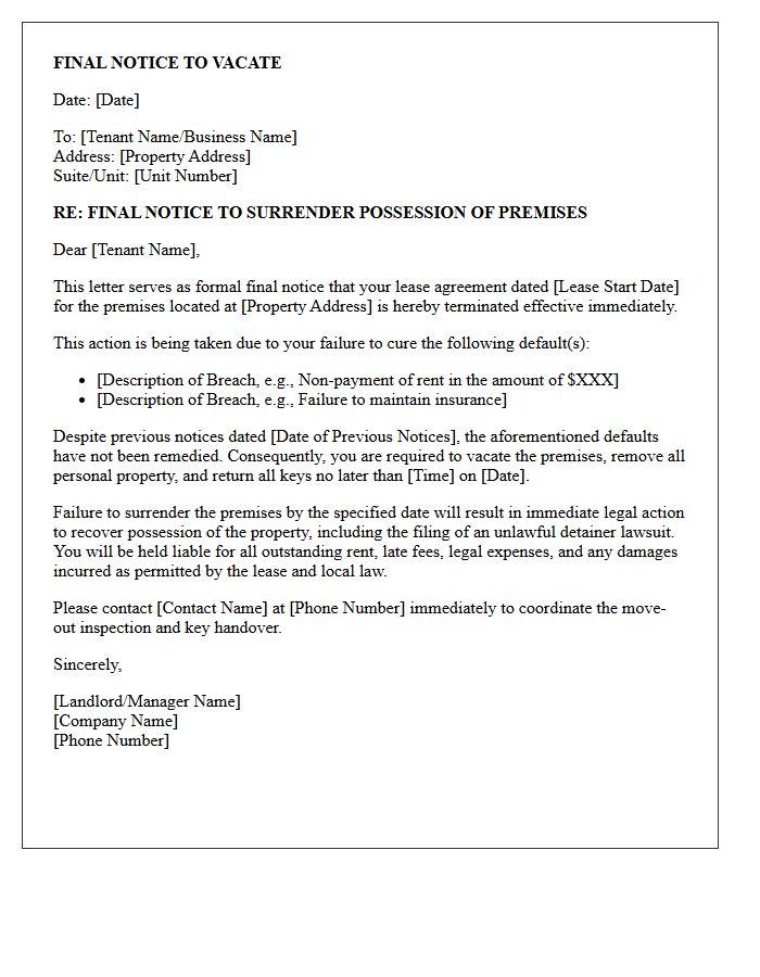 Commercial Lease Eviction Final Notice Letter