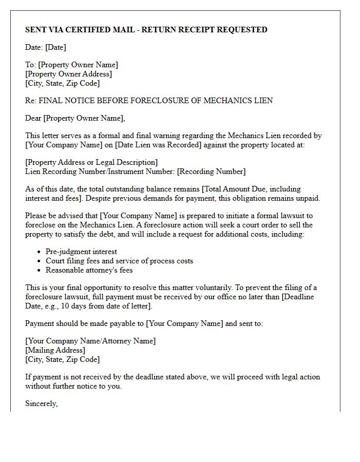 Mechanics Lien Foreclosure Final Warning Letter