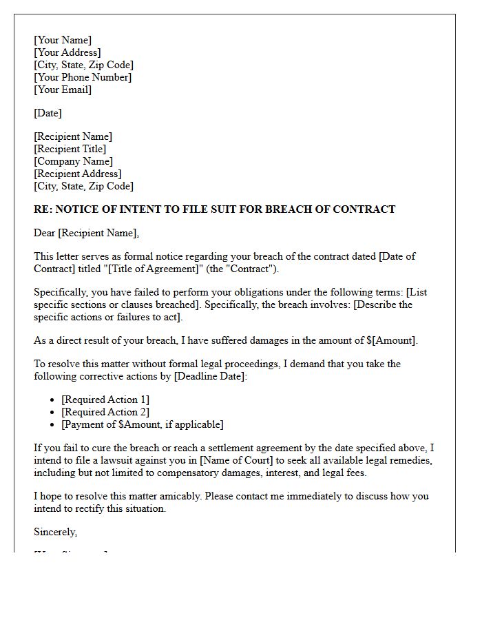 Notice of Intent to File Suit for Breach of Contract Letter