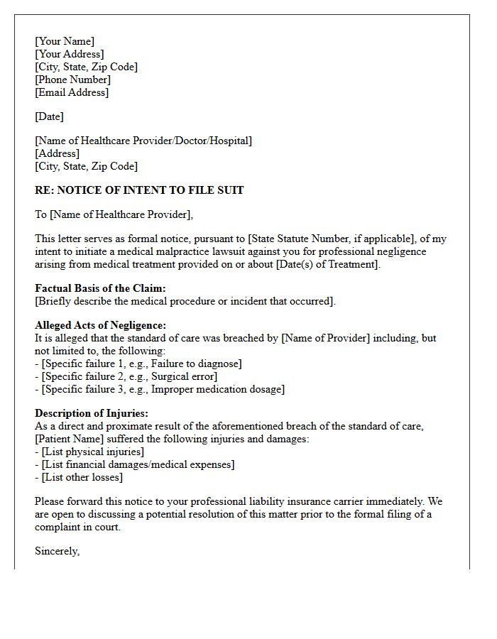 Medical Malpractice Notice of Intent to File Suit Letter