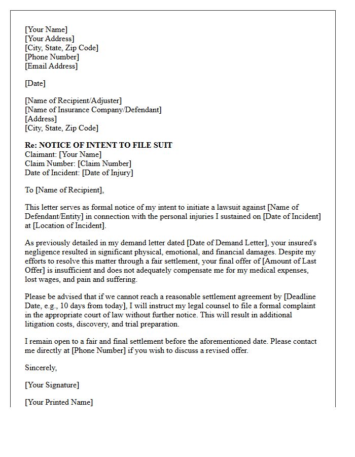 Personal Injury Claim Notice of Intent to File Suit Letter