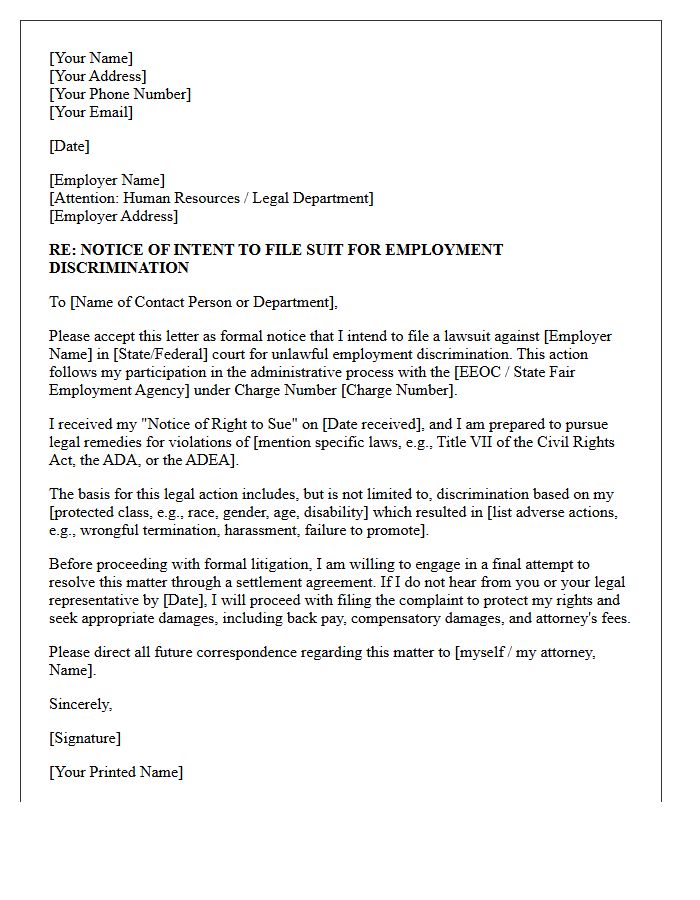 Employment Discrimination Notice of Intent to File Suit Letter