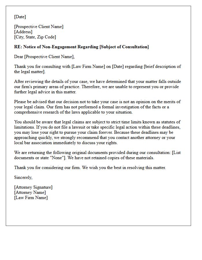 Post-Consultation Out of Practice Area Non-Engagement Letter