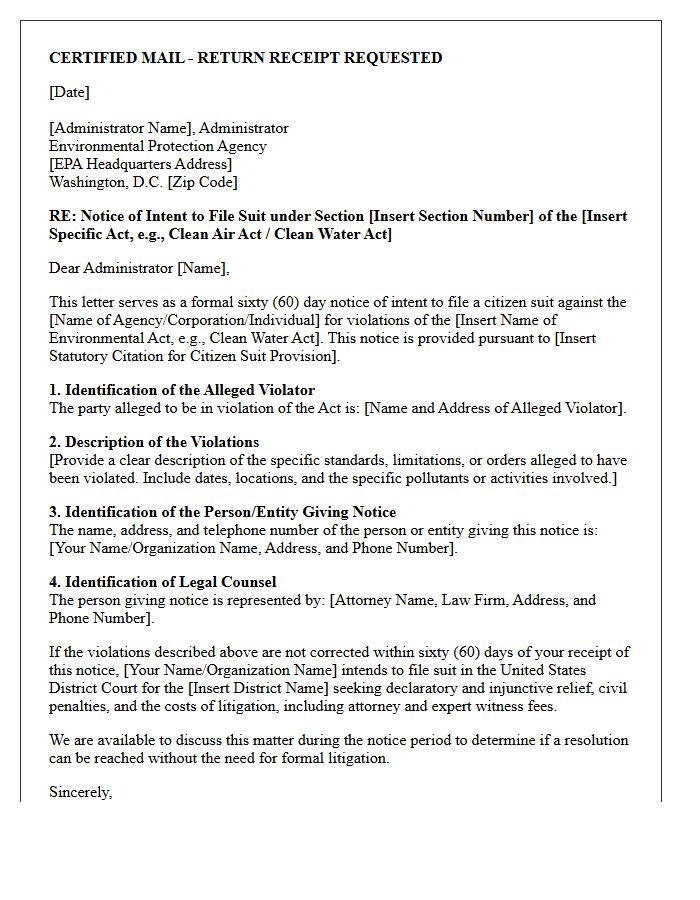 Environmental Protection Act Notice of Intent to File Suit Letter