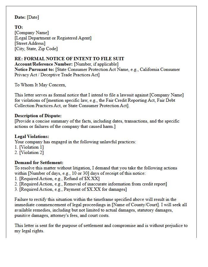 Consumer Protection Notice of Intent to File Suit Letter