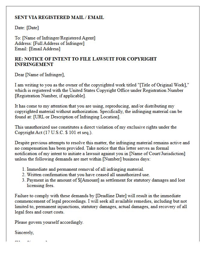 Copyright Infringement Notice of Intent to File Suit Letter