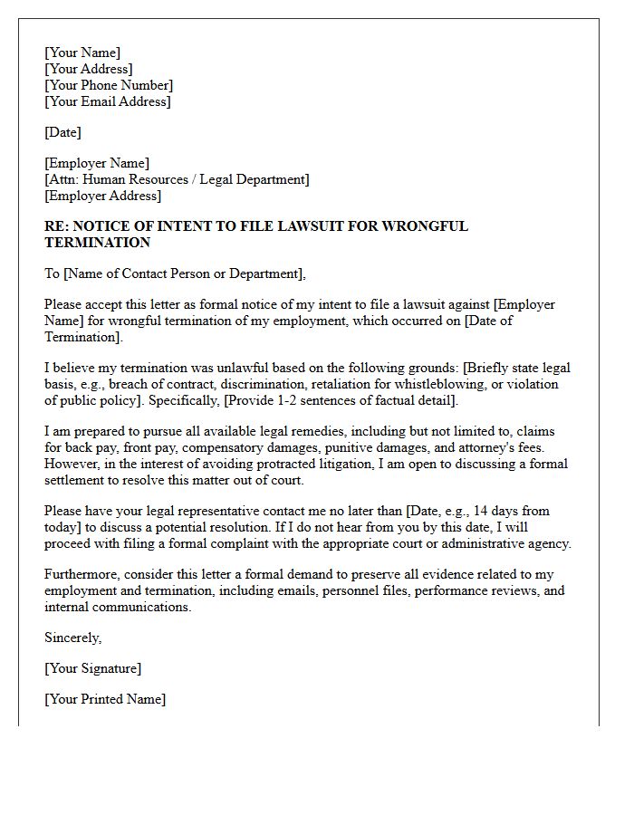 Wrongful Termination Notice of Intent to File Suit Letter