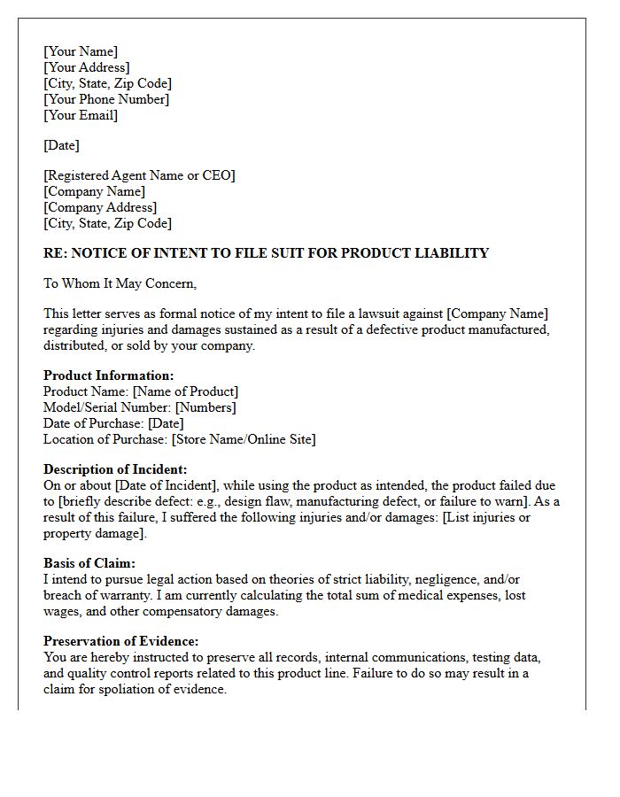 Product Liability Notice of Intent to File Suit Letter