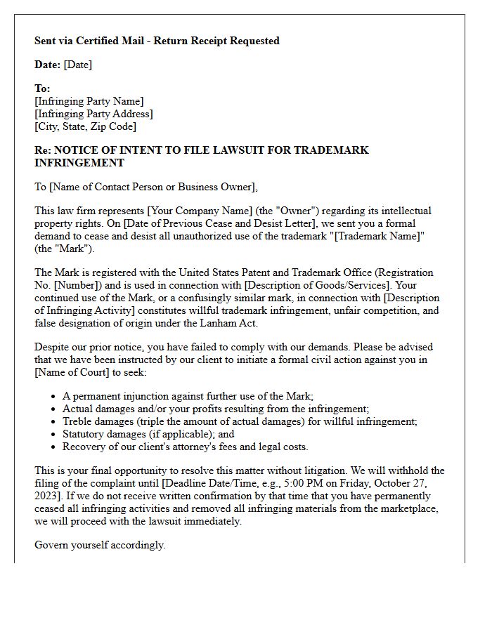 Trademark Infringement Notice of Intent to File Suit Letter